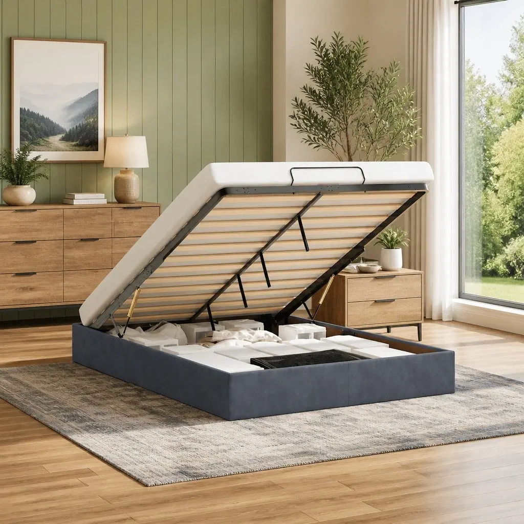 Ottoman Storage Bed Frame Double Size Dark Grey Velvet