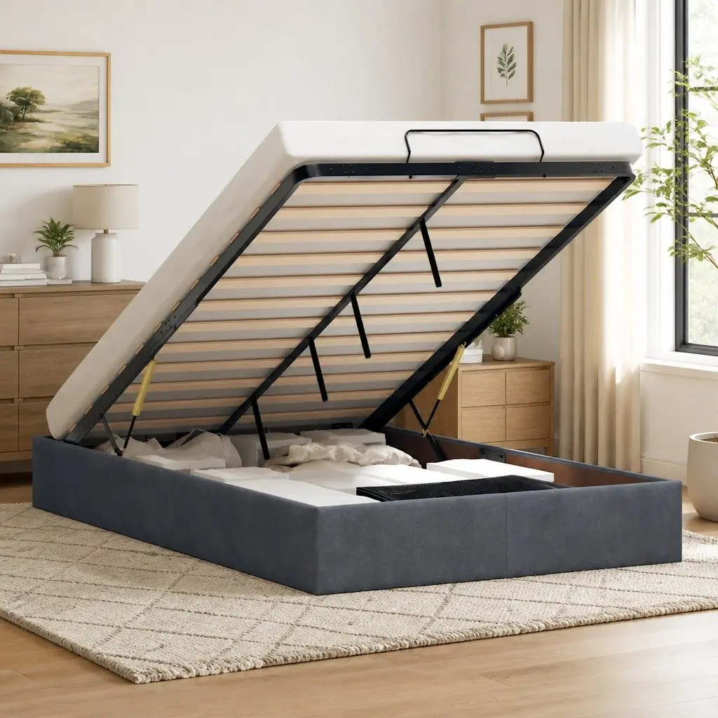 King Single Velvet Grey Bed Frame for Storage