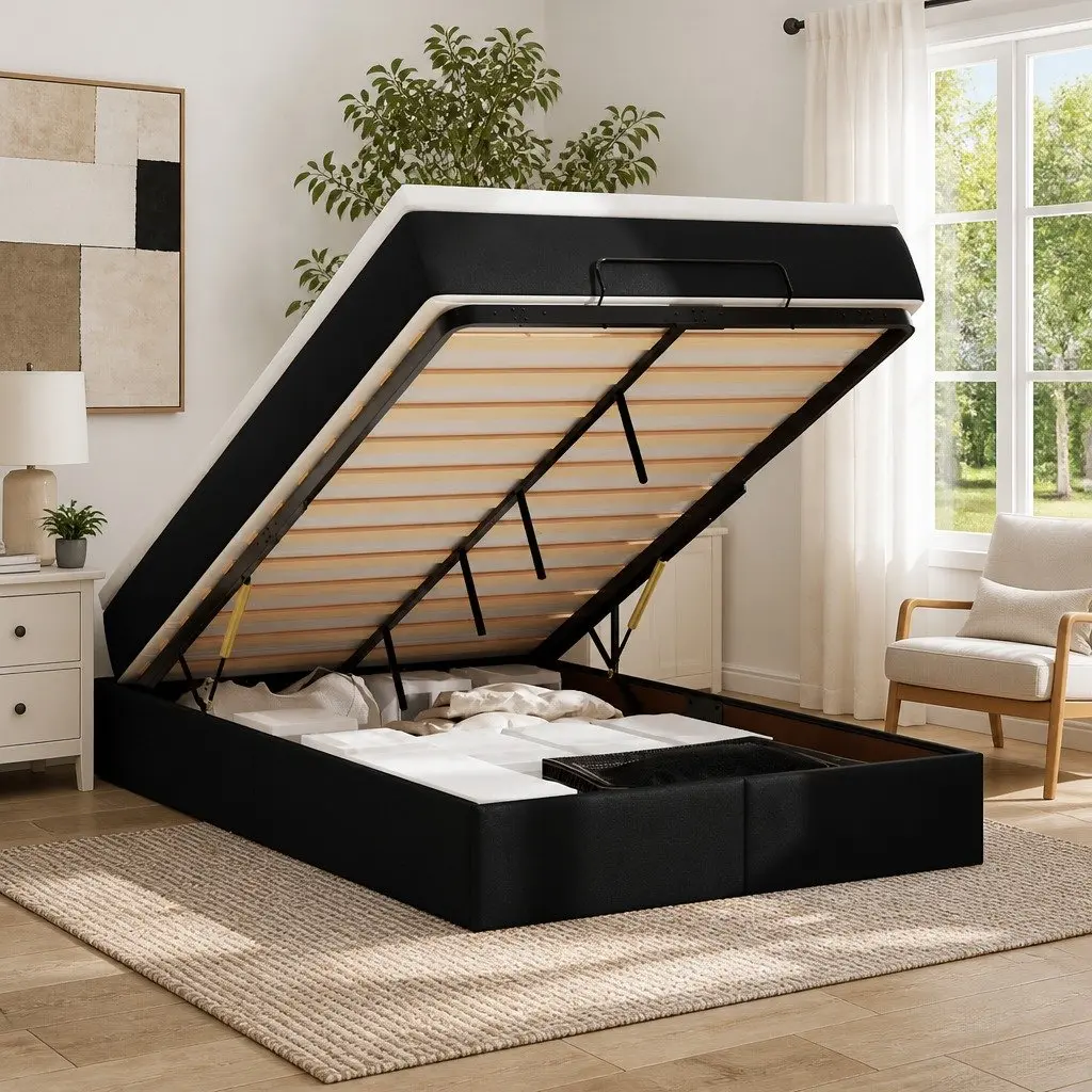 Ottoman Storage Bed Super Single Black Faux Leather