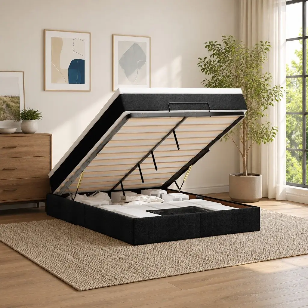 Queen Ottoman Bed with Pocket Spring Mattress Black Fabric Storage Lift Base