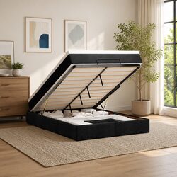 Queen Ottoman Bed with Pocket Spring Mattress Black Fabric Storage Lift Base