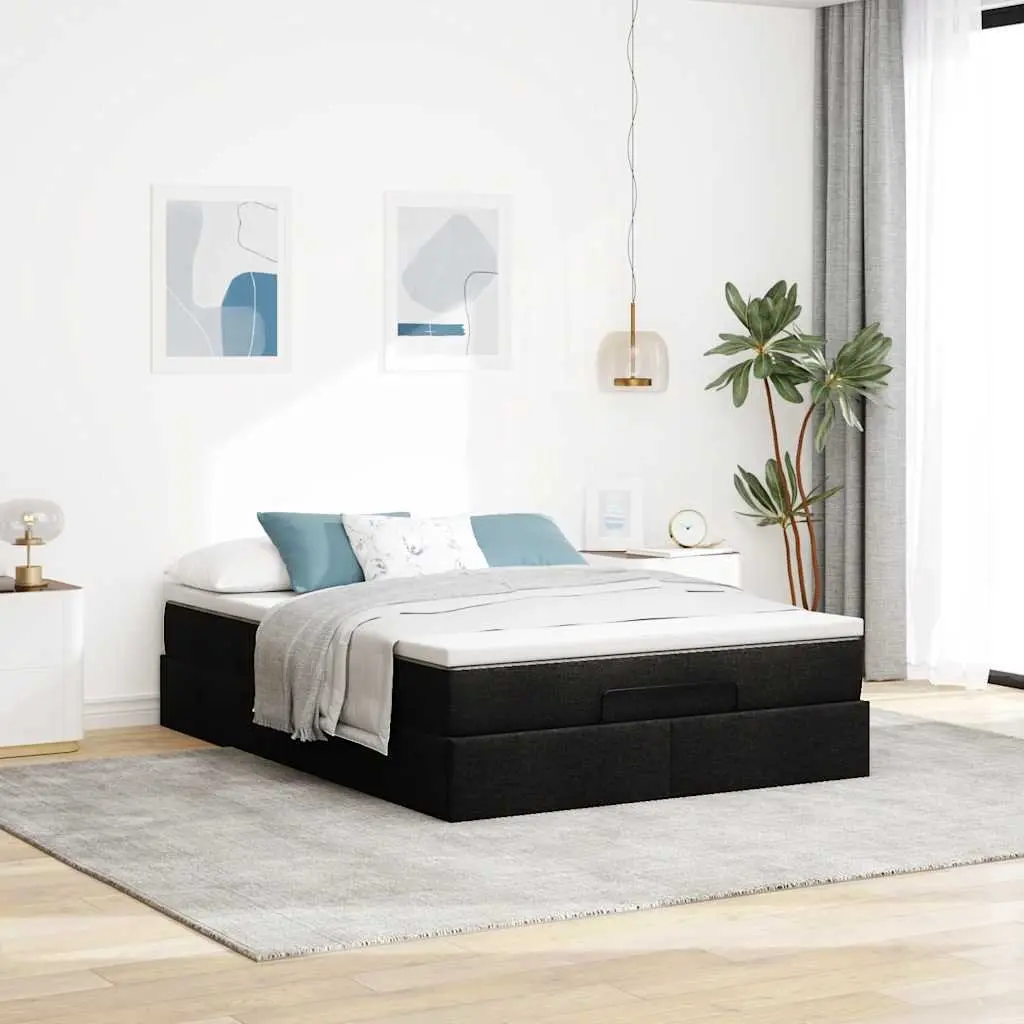 Queen Ottoman Bed with Pocket Spring Mattress Black Fabric Storage Lift Base