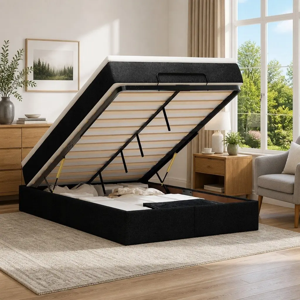 King Single Ottoman Bed Frame Black Fabric with Lift Up Storage and Pocket Spring Mattress