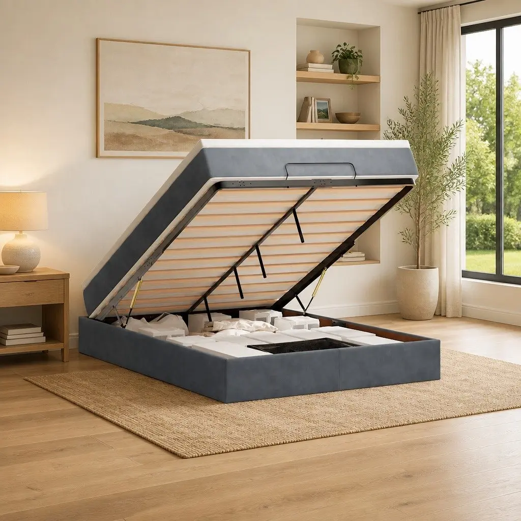 Ottoman Bed with Pocket Spring Mattress Grey Double Velvet Storage Bedroom