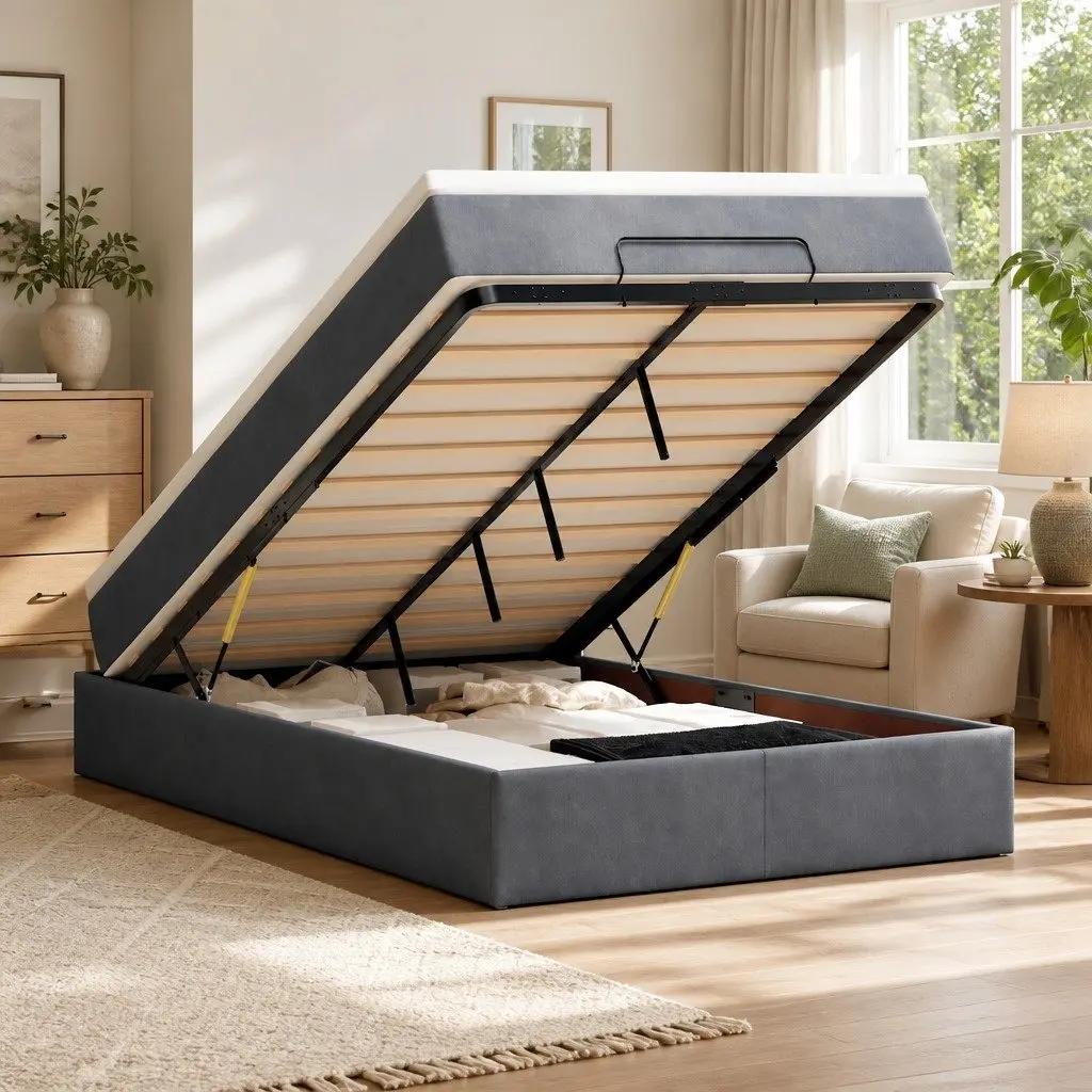 Storage Ottoman Bed Super Single Grey Velvet with Pocket Spring Mattress and Hydraulic Lift Mechanism