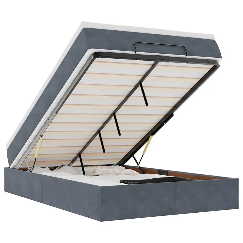 Storage Ottoman Bed Super Single Grey Velvet with Pocket Spring Mattress and Hydraulic Lift Mechanism