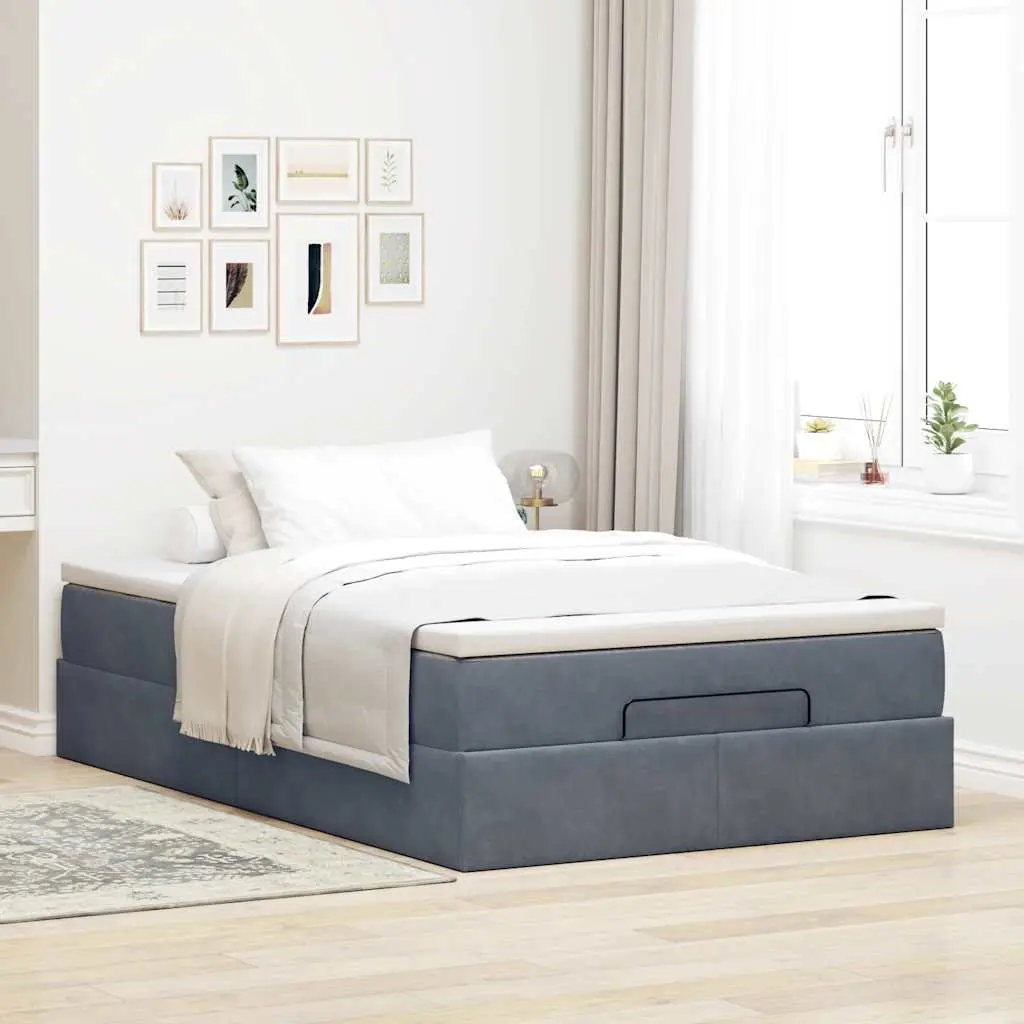 Storage Ottoman Bed Super Single Grey Velvet with Pocket Spring Mattress and Hydraulic Lift Mechanism