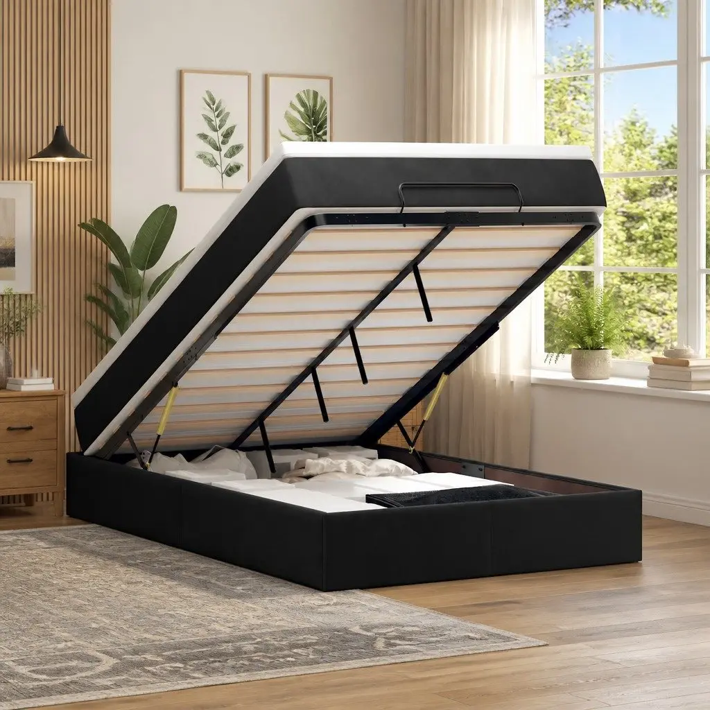 Ottoman Storage Bed King Single Black Velvet with Pocket Spring Mattress &