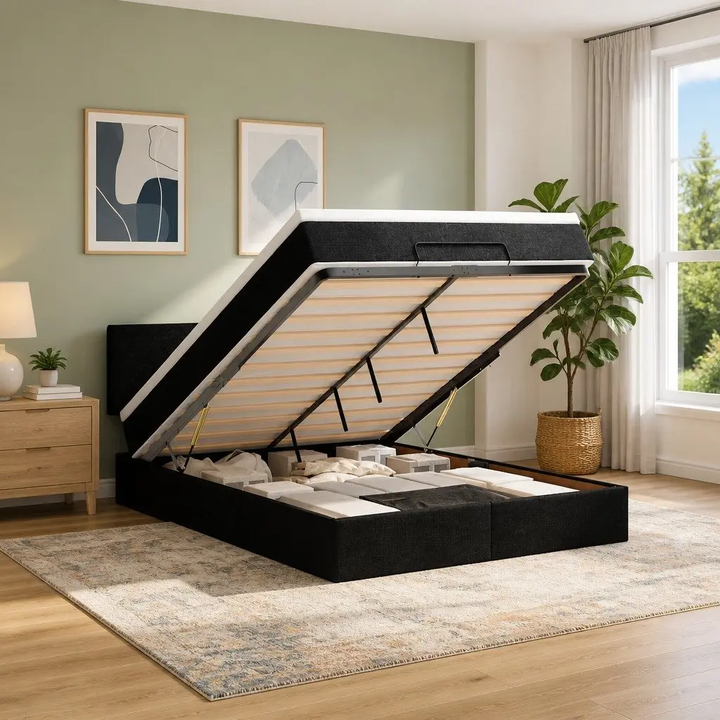 Ottoman Bed Double Storage Upholstered Frame with Mattress Black