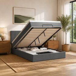Double Ottoman Bed with Pocket Spring Mattress Grey Fabric Storage Lift Base