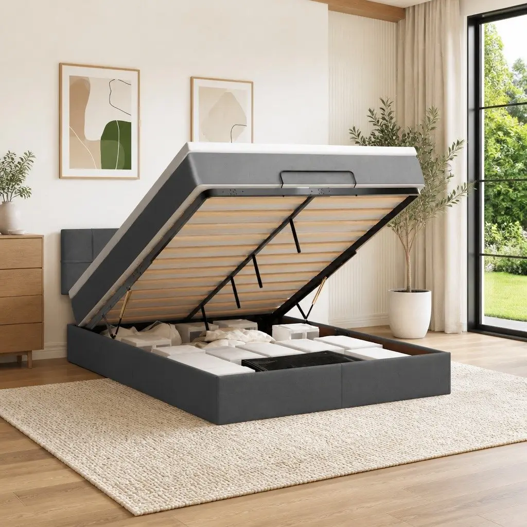 Ottoman Bed Queen Size Storage Grey Fabric with Pocket Spring Mattress