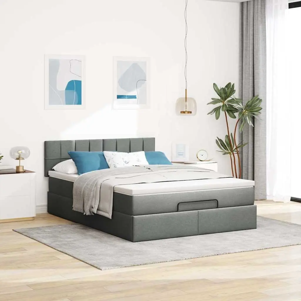 Ottoman Bed Queen Size Storage Grey Fabric with Pocket Spring Mattress