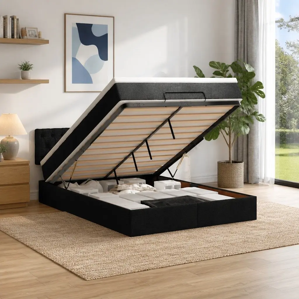 Double Ottoman Bed with Pocket Spring Mattress Black Fabric Hydraulic Lift Base