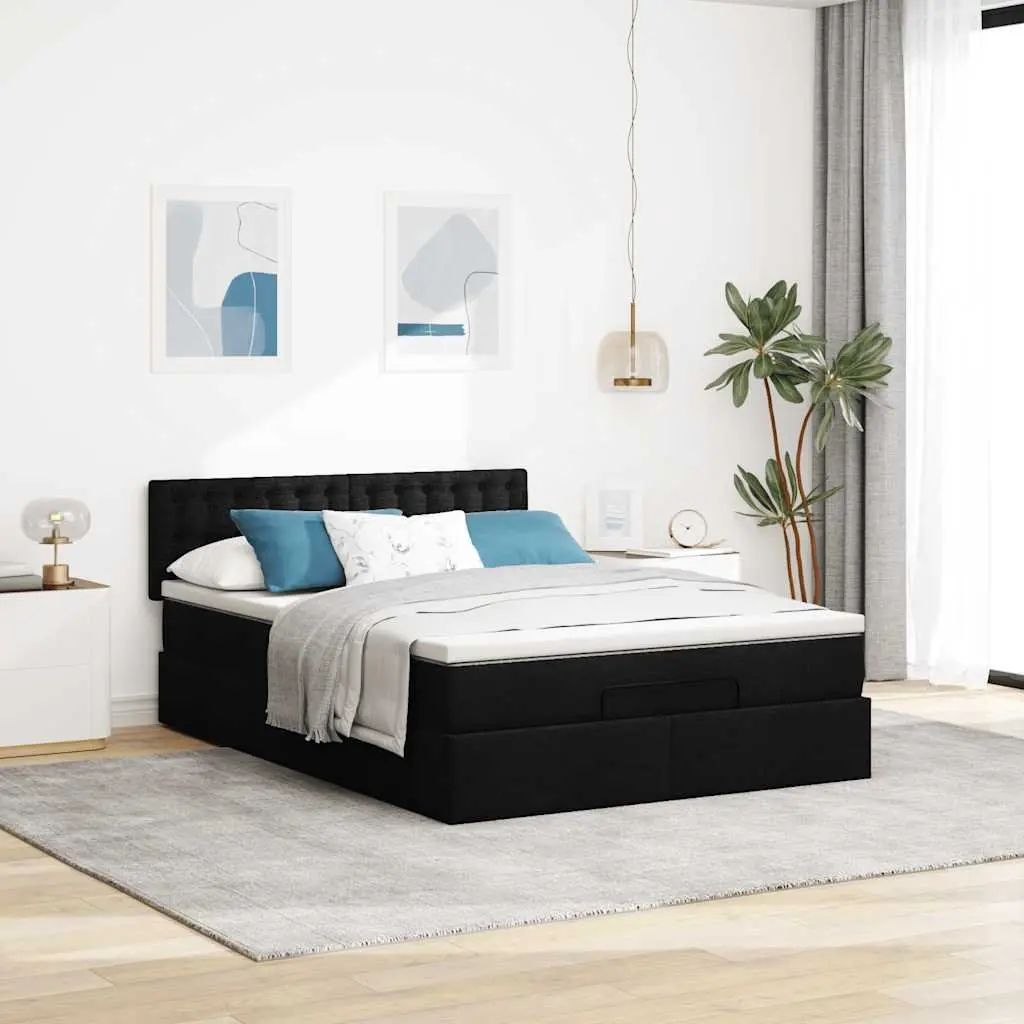 Double Ottoman Bed with Pocket Spring Mattress Black Fabric Storage Lift Base