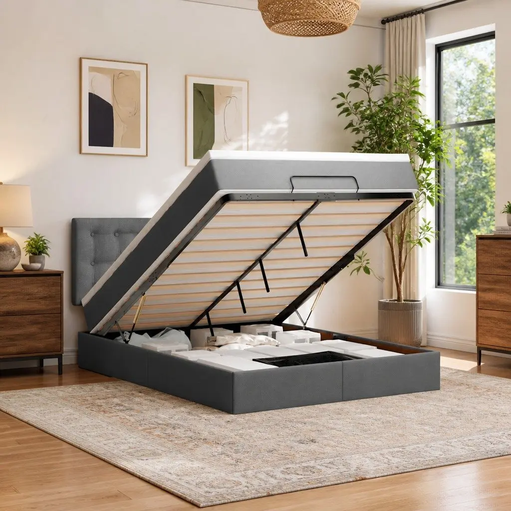 Ottoman Bed Queen Storage Lift Base Pocket Spring Mattress Grey Fabric