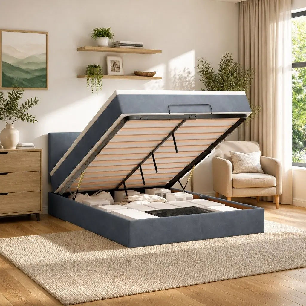 Double Ottoman Bed Grey Velvet Pocket Spring Mattress Storage Lift Base
