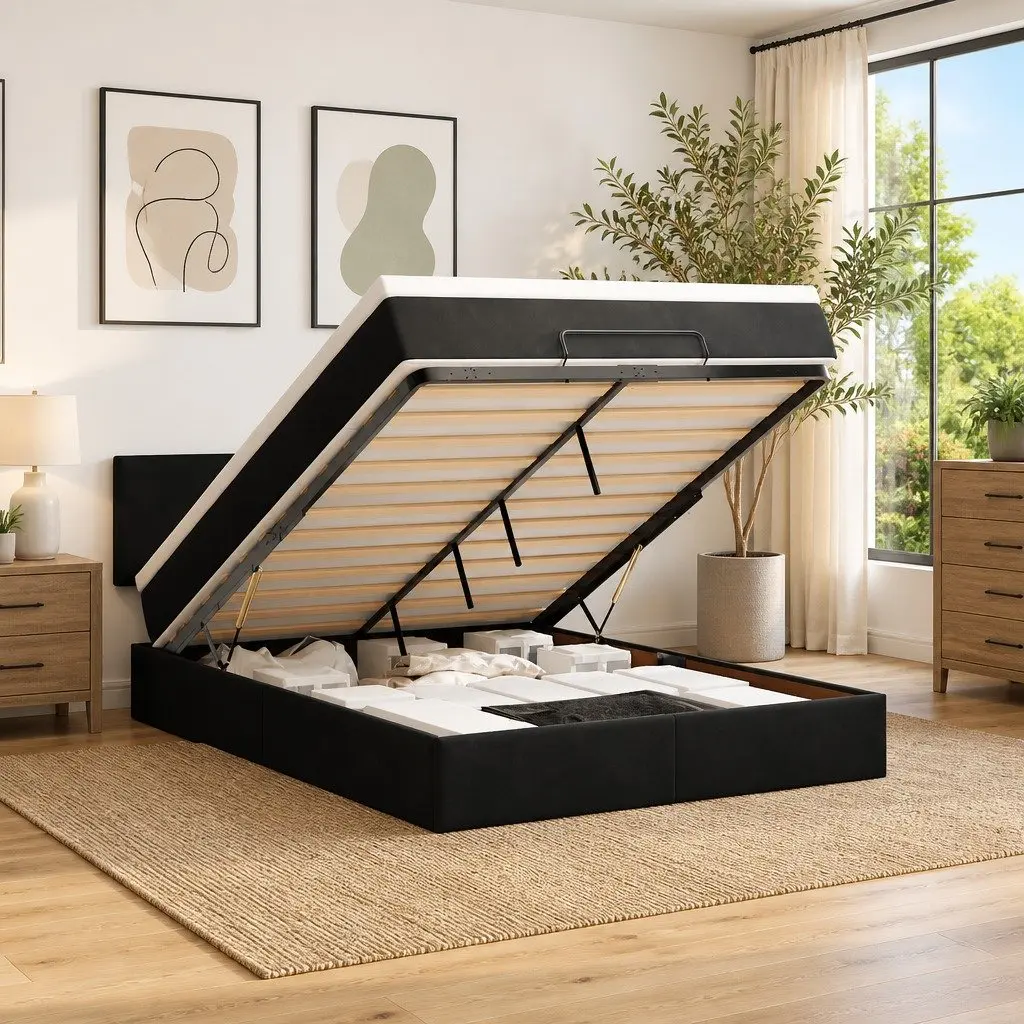 Ottoman Bed in Black Velvet with Storage