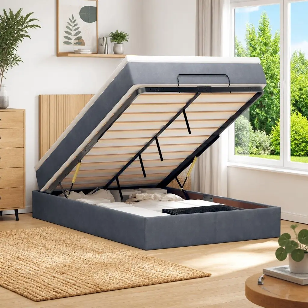 Ottoman Bed King Single Storage Lift Grey Velvet Pocket Spring