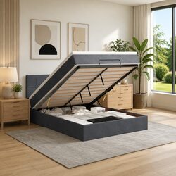 Ottoman Bed with Mattress Double Grey Velvet Storage Lift-Up Frame