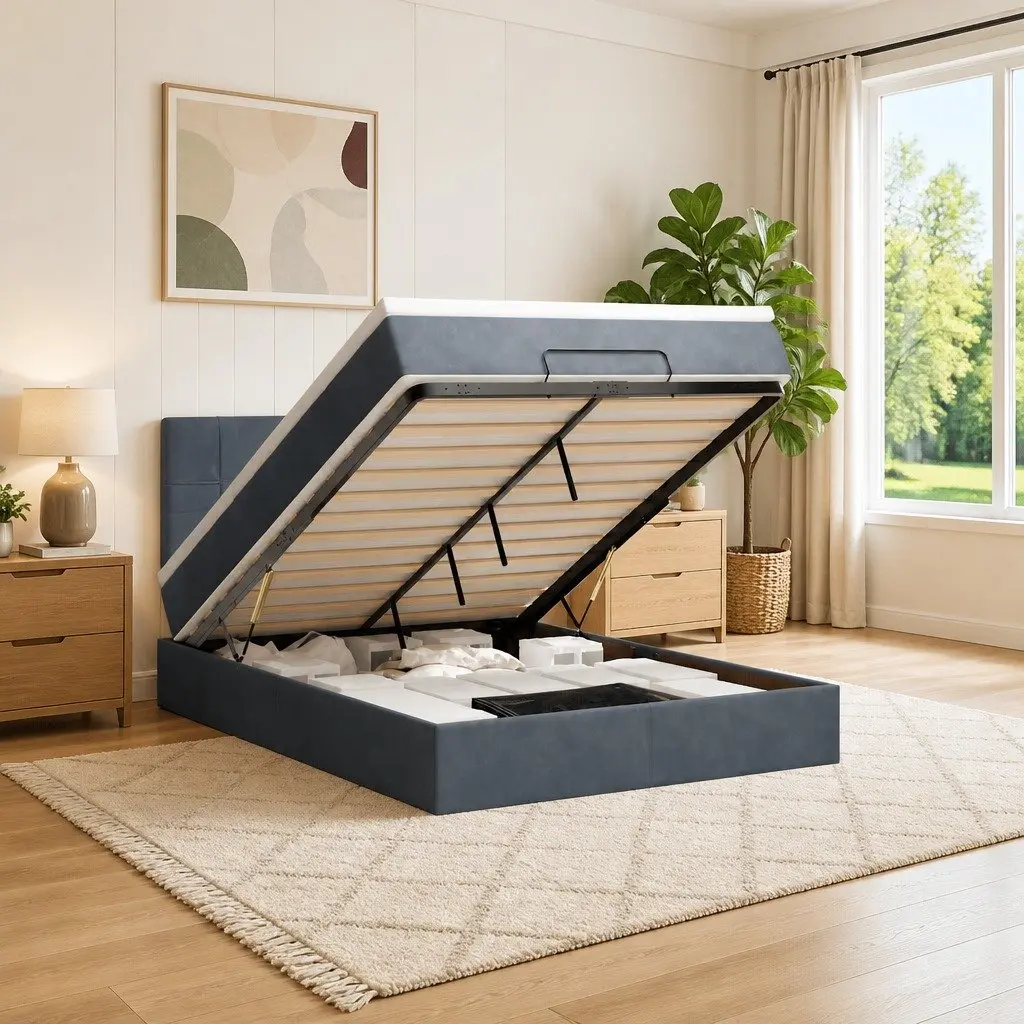 Queen Ottoman Bed with Pocket Spring Mattress Grey Velvet