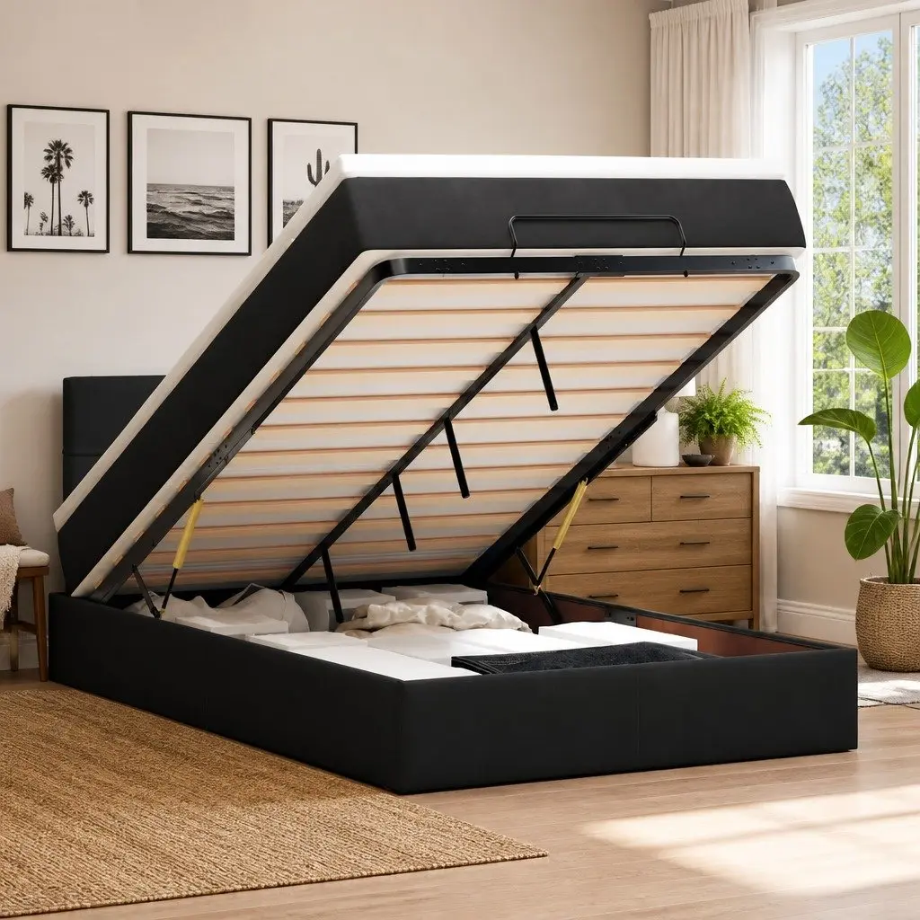 Ottoman Bed King Single Black Velvet Storage Lift Frame with Pocket Spring Mattress