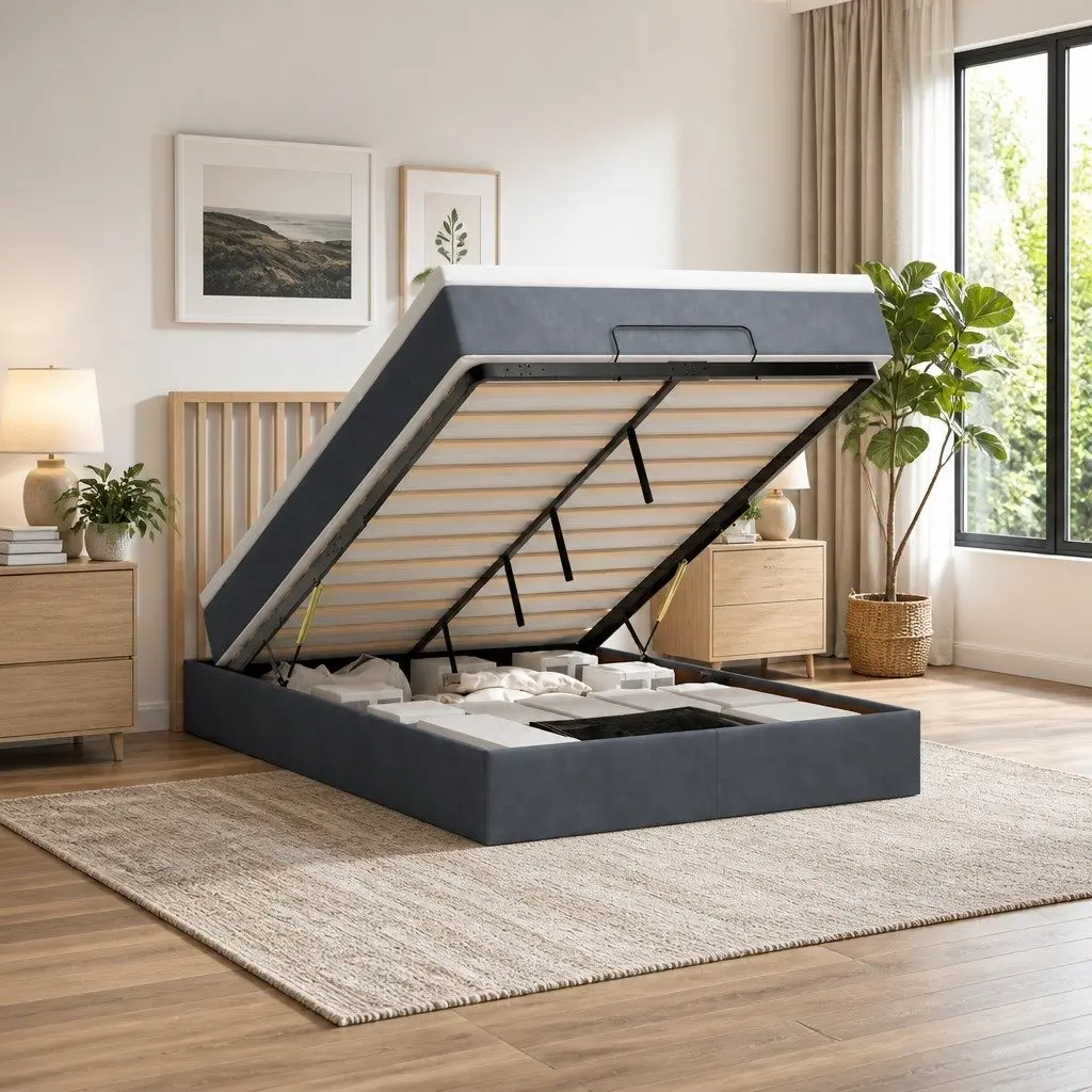 Ottoman Bed Queen Size Grey Velvet with Pocket Spring Mattress and Hydraulic Lift Storage for Bedroom