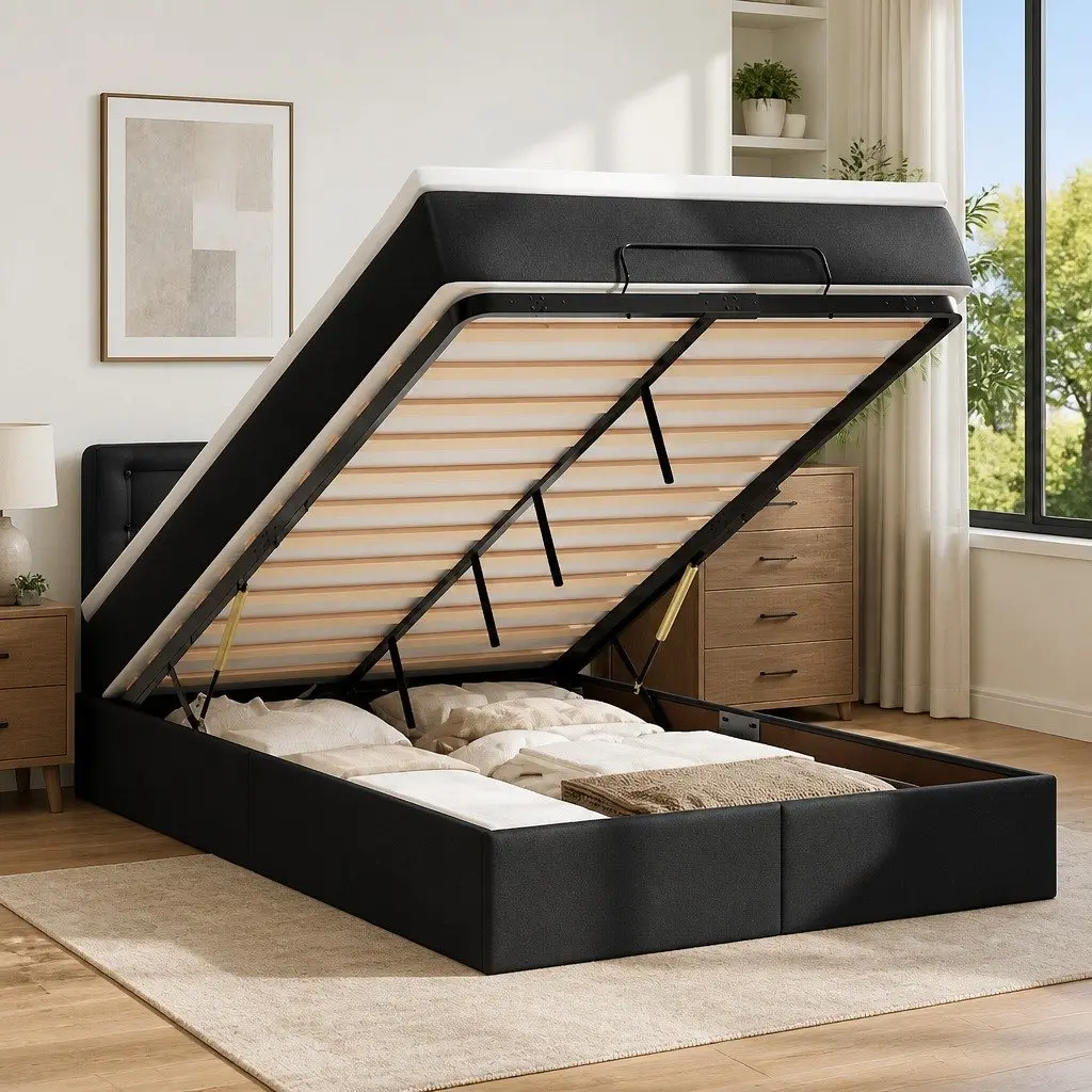 Ottoman Bed with Pocket Spring Mattress LED Lights Under-Bed Storage King