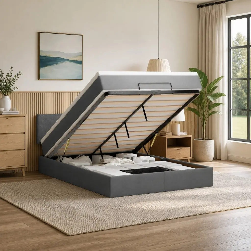 Ottoman Bed Double Grey Fabric with Pocket Spring Mattress Storage LED Lights