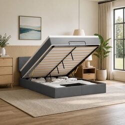 Ottoman Bed Double Grey Fabric with Pocket Spring Mattress Storage LED Lights