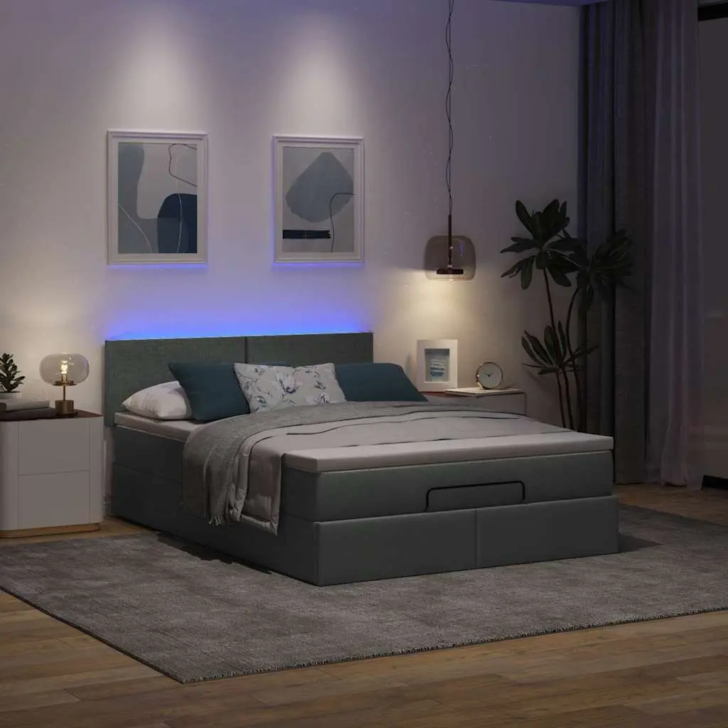 Ottoman Bed Double Grey Fabric with Pocket Spring Mattress Storage LED Lights