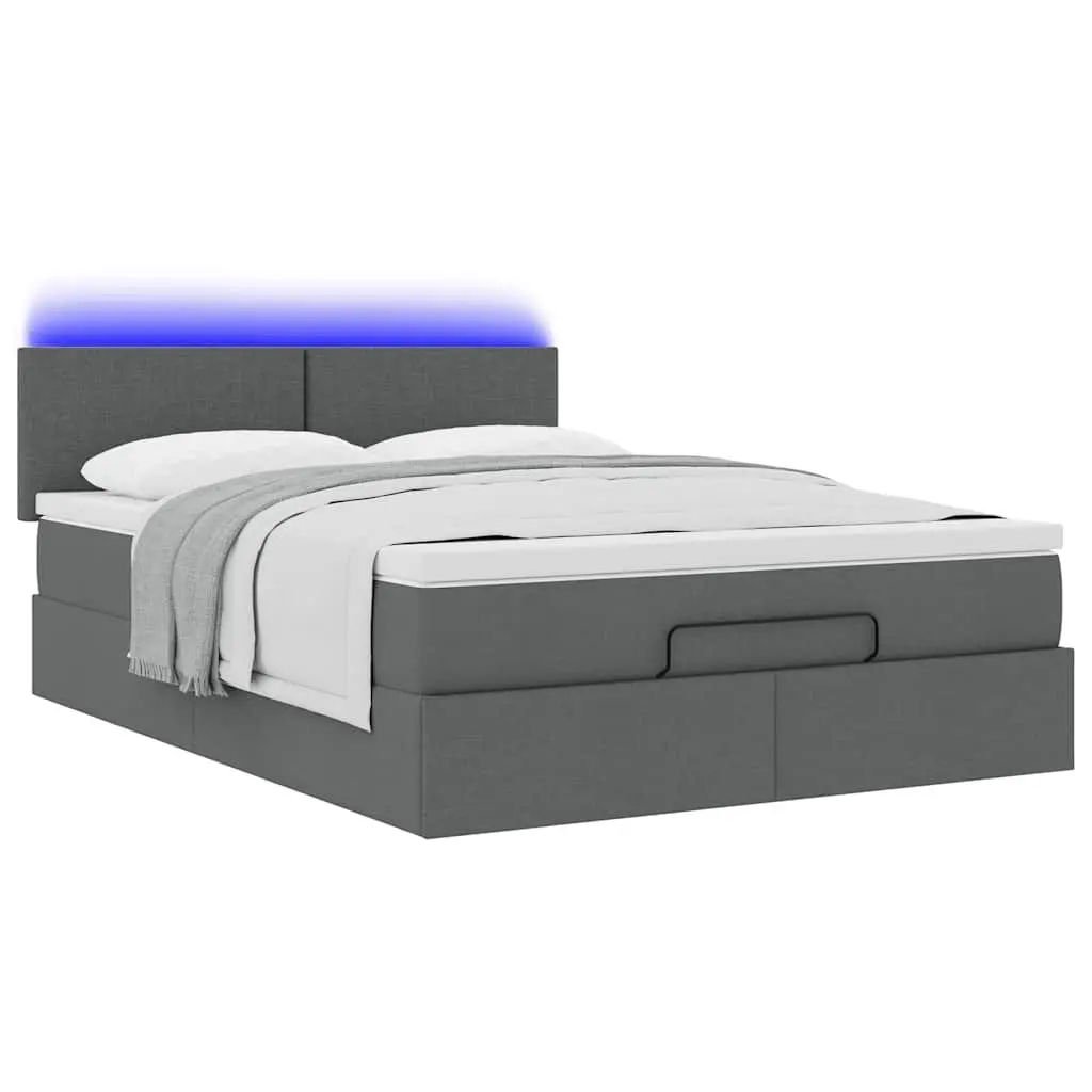 Ottoman Bed Double Grey Fabric with Pocket Spring Mattress Storage LED Lights