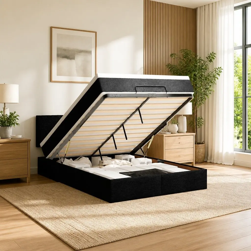 Double Ottoman Bed with Pocket Spring Mattress LED Lights Storage Black Fabric