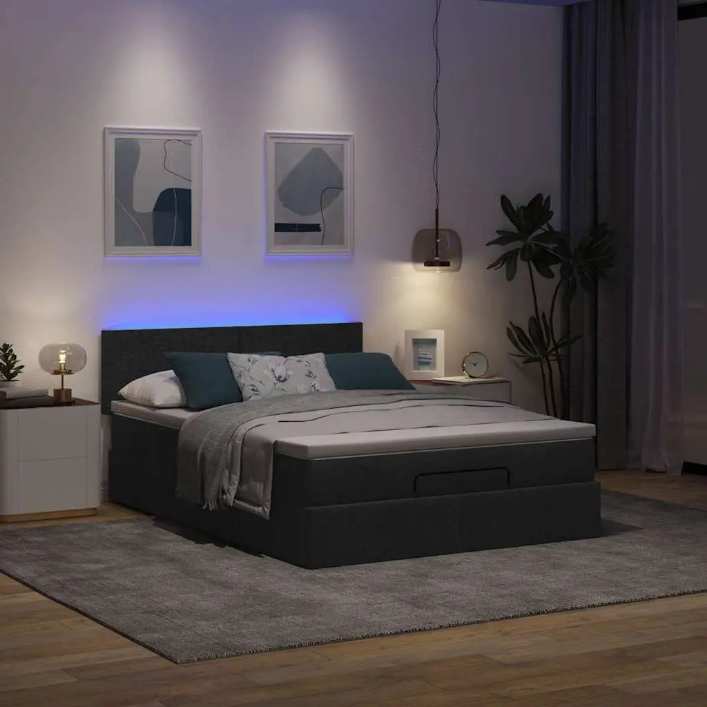 Double Ottoman Bed with Pocket Spring Mattress LED Lights Storage Black Fabric