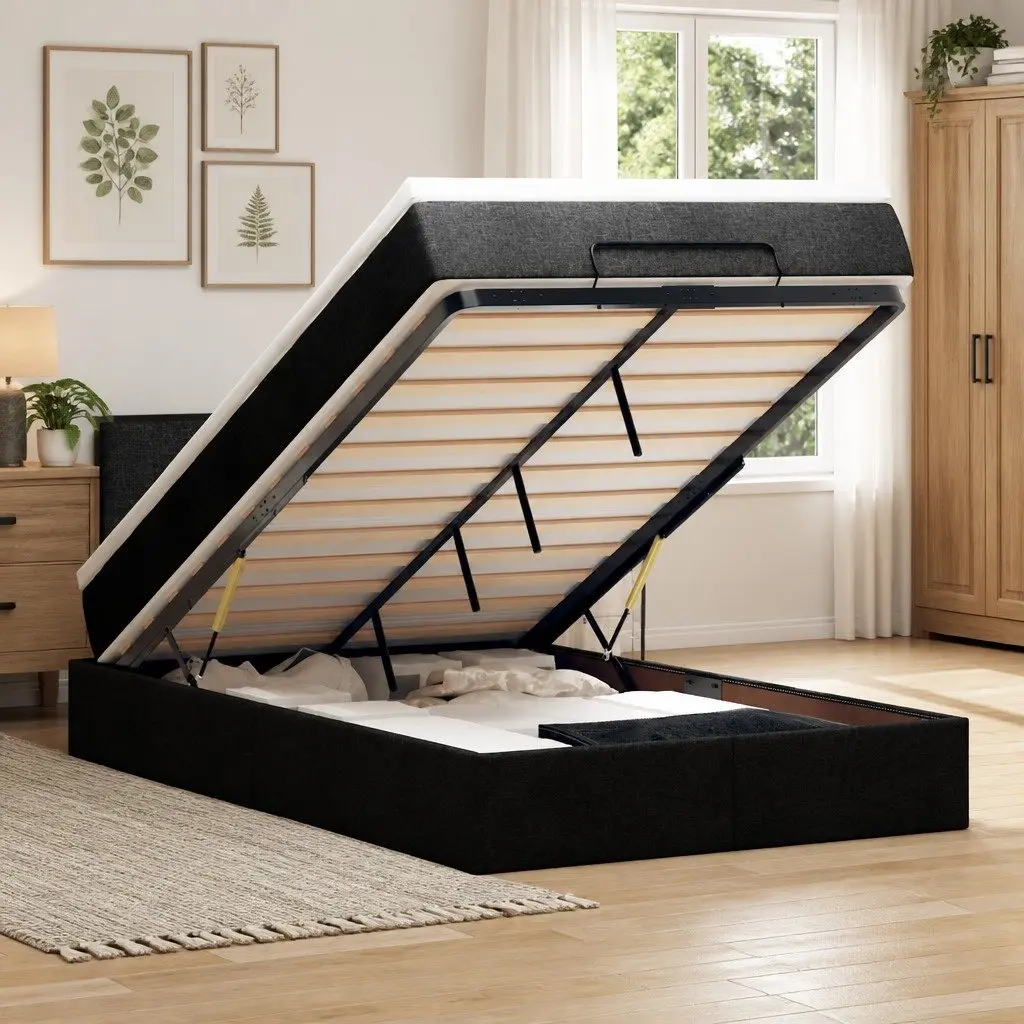 King Single Ottoman Bed Black Fabric Pocket Spring Mattress with LED Lights