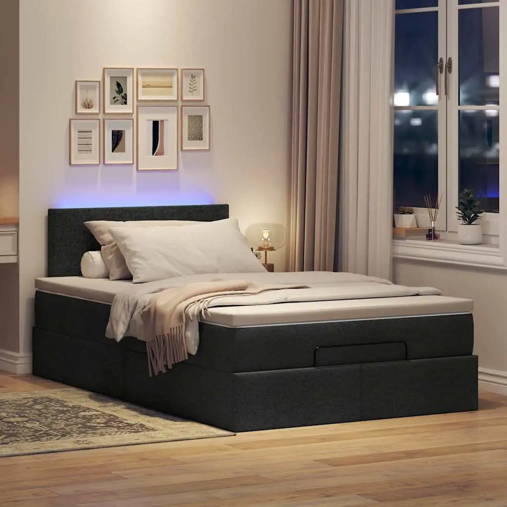 King Single Ottoman Bed Black Fabric Pocket Spring Mattress with LED Lights