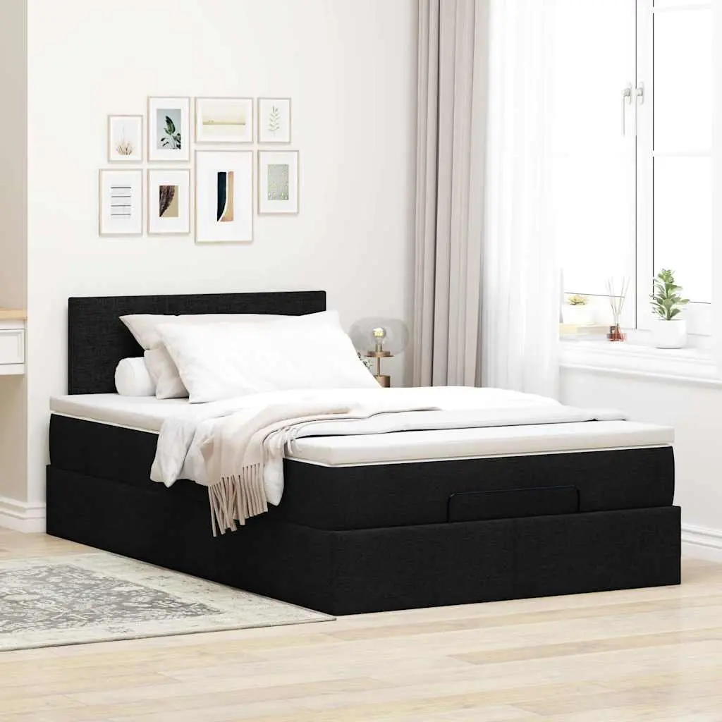 King Single Ottoman Bed Black Fabric Pocket Spring Mattress with LED Lights