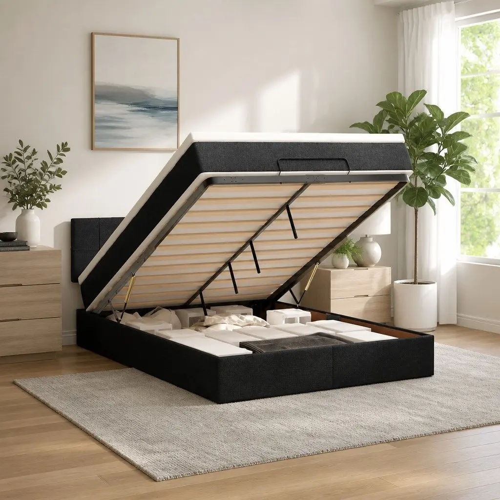 Ottoman Bed Double Black Fabric Pocket Spring Mattress with LED Lights Storage