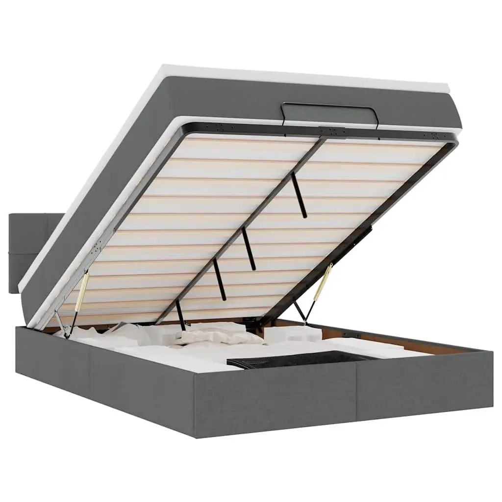 Queen Ottoman Bed with Pocket Spring Mattress LED Lights Storage Grey Fabric