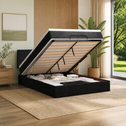 Queen Ottoman Bed with Pocket Spring Mattress LED Lights Storage Black Fabric