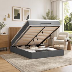 Ottoman Bed Double Grey Fabric with Pocket Spring Mattress LED Lights Storage