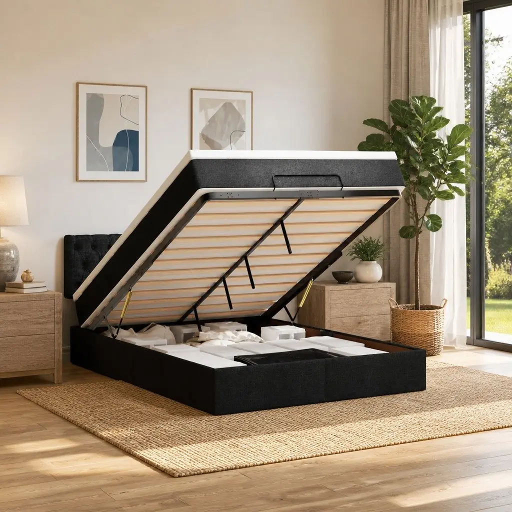 Double Ottoman Bed with Pocket Spring Mattress LED Lights Storage Black Fabric