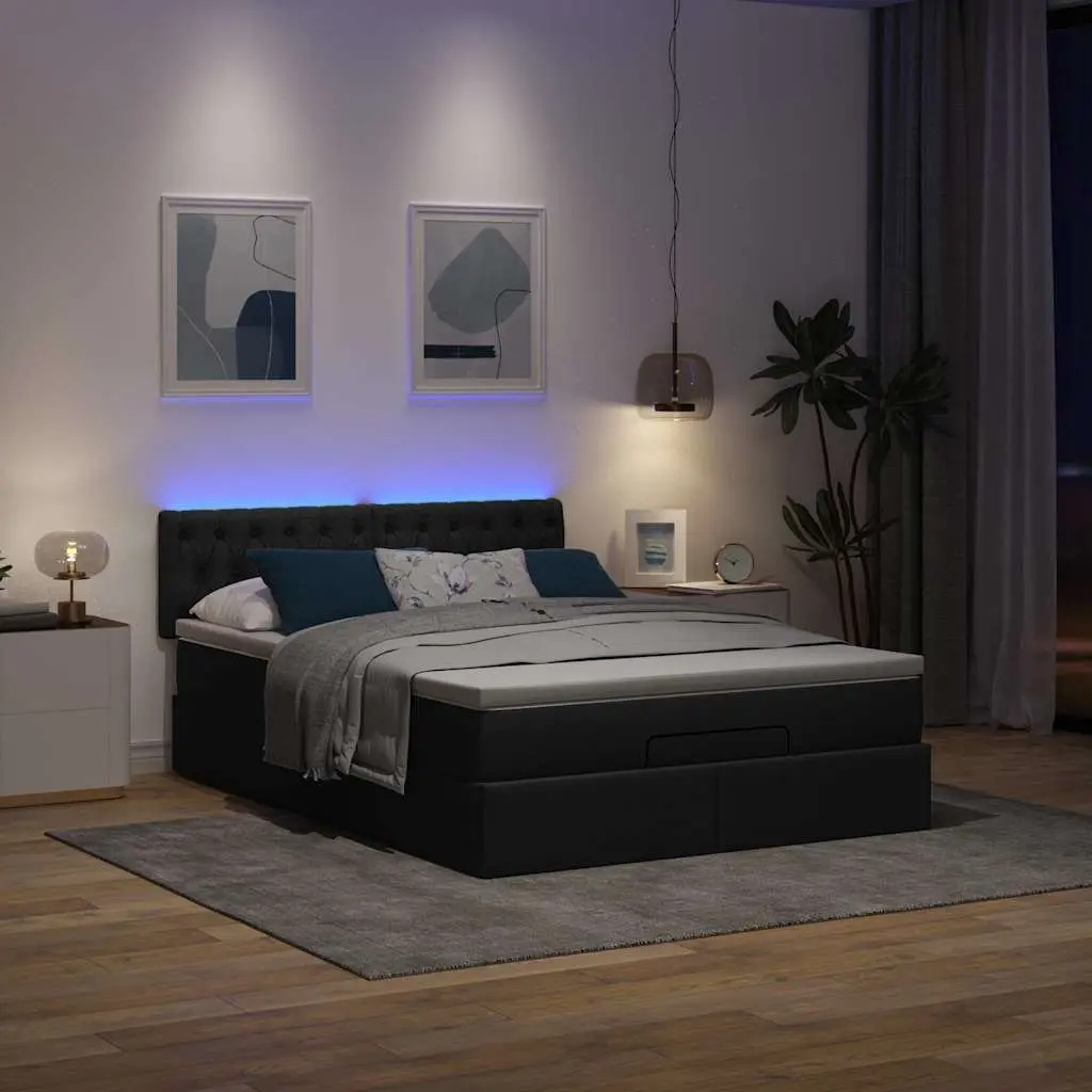 Double Ottoman Bed with Pocket Spring Mattress LED Lights Storage Black Fabric