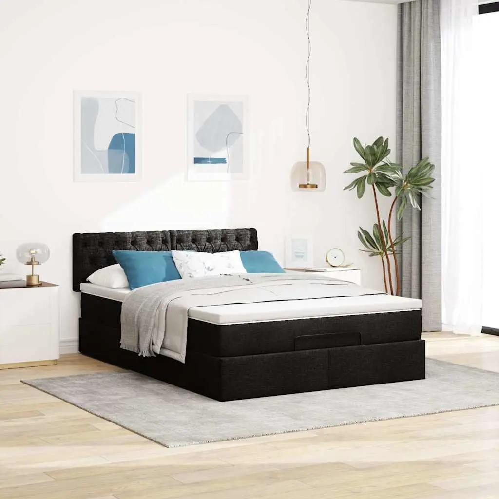 Double Ottoman Bed with Pocket Spring Mattress LED Lights Storage Black Fabric