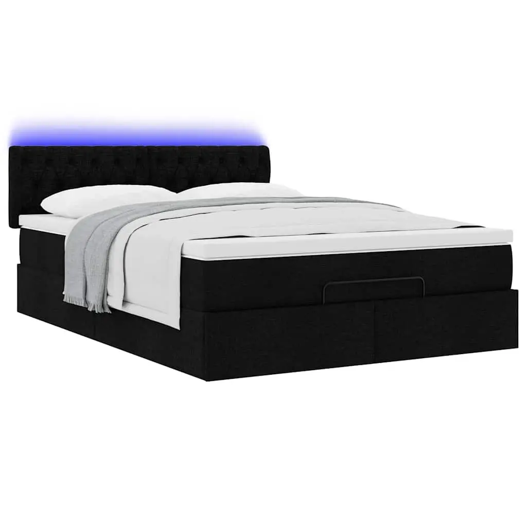 Double Ottoman Bed with Pocket Spring Mattress LED Lights Storage Black Fabric