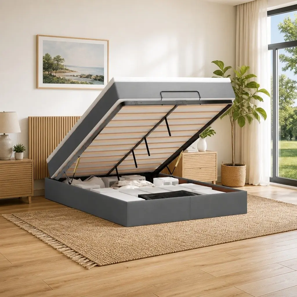 Ottoman Bed Queen Size with Pocket Spring Mattress and LED Lights Storage Grey