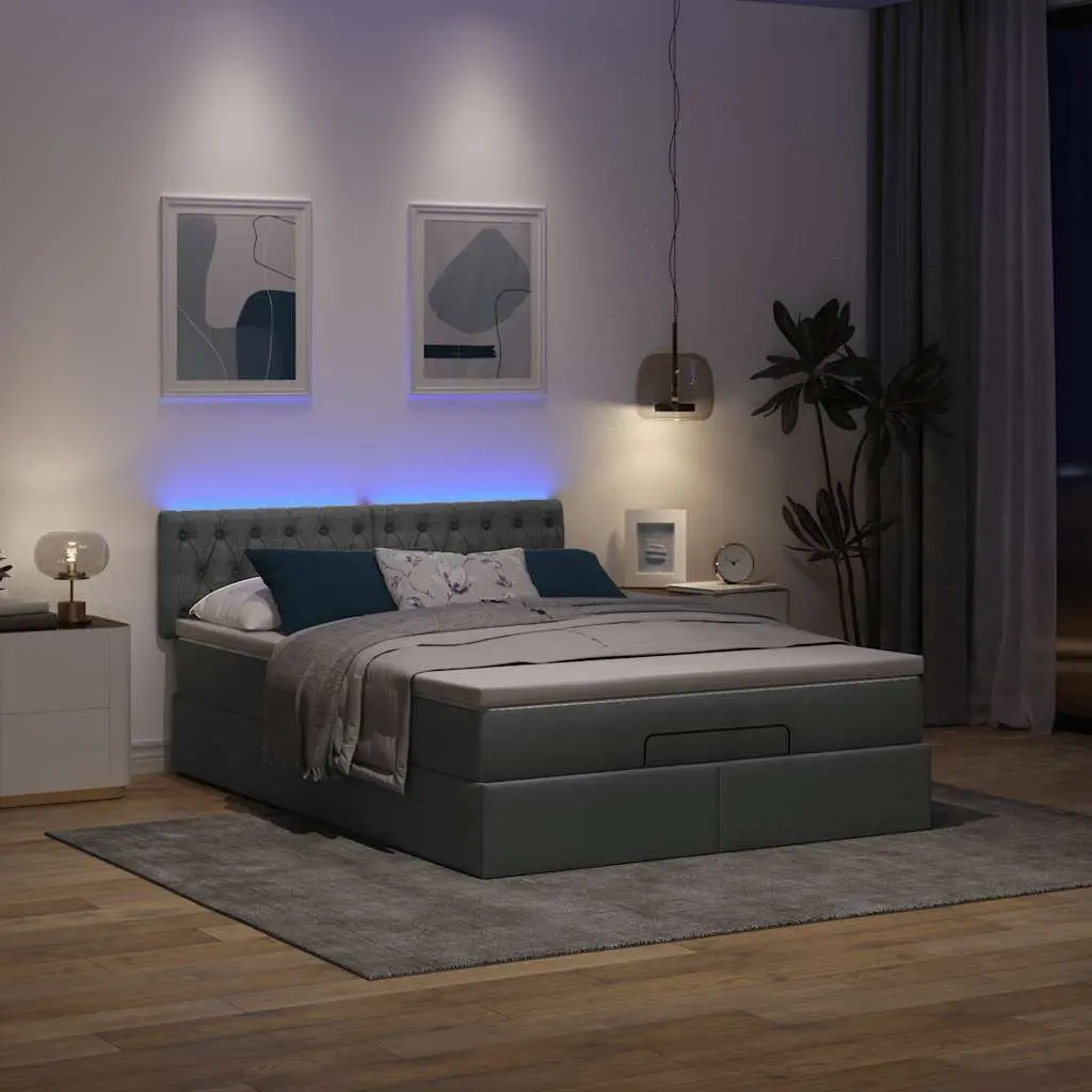 Ottoman Bed Queen Size with Pocket Spring Mattress and LED Lights Storage Grey