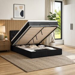 Ottoman Bed Queen with Pocket Spring Mattress LED Lights Storage Black Fabric