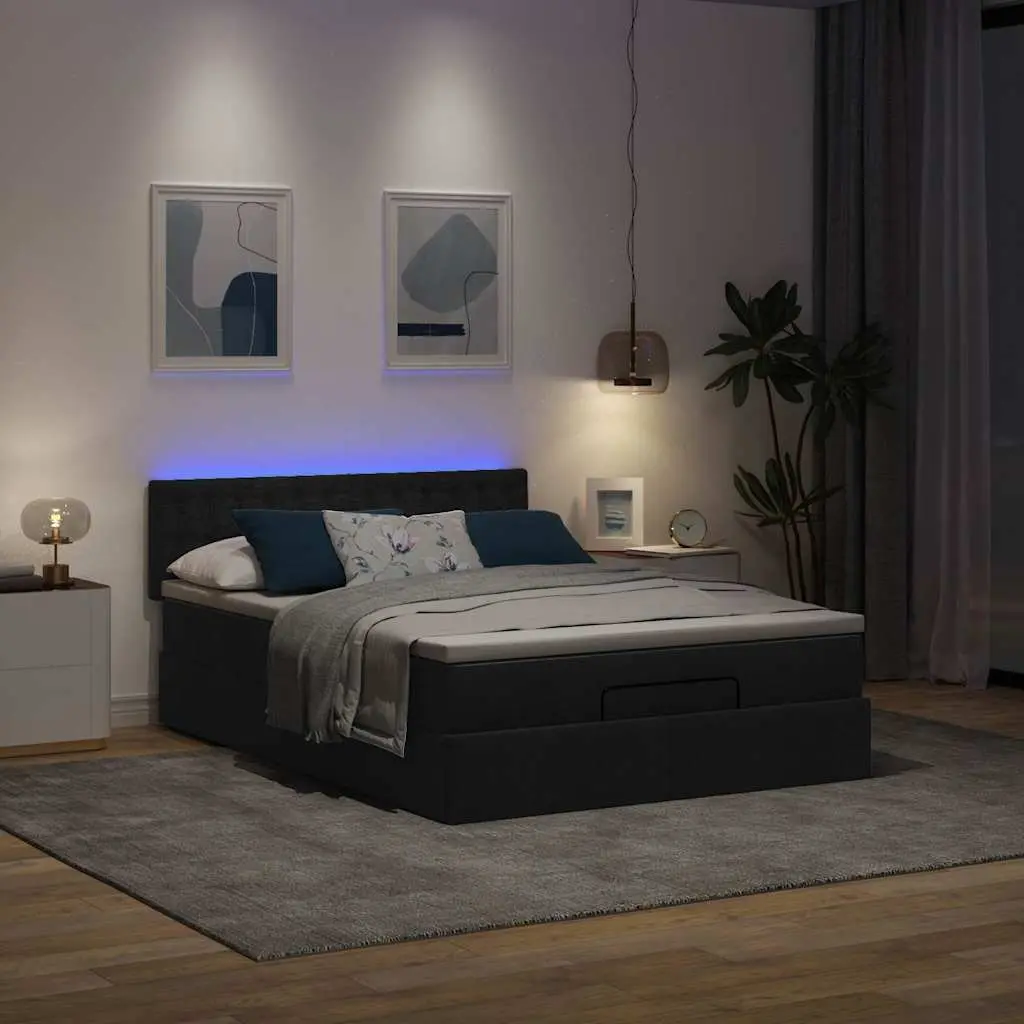 Double Ottoman Bed with Pocket Spring Mattress LED Lights Storage Black Fabric