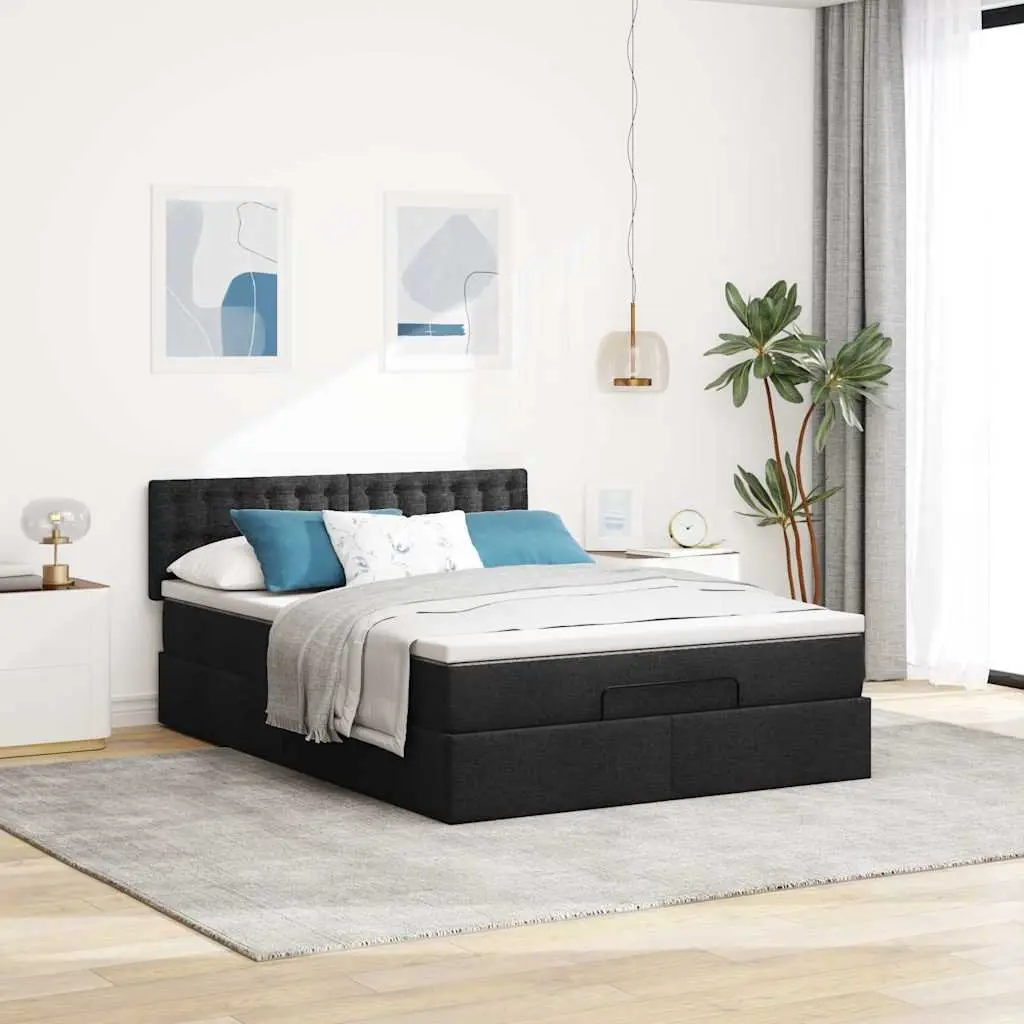 Double Ottoman Bed with Pocket Spring Mattress LED Lights Storage Black Fabric