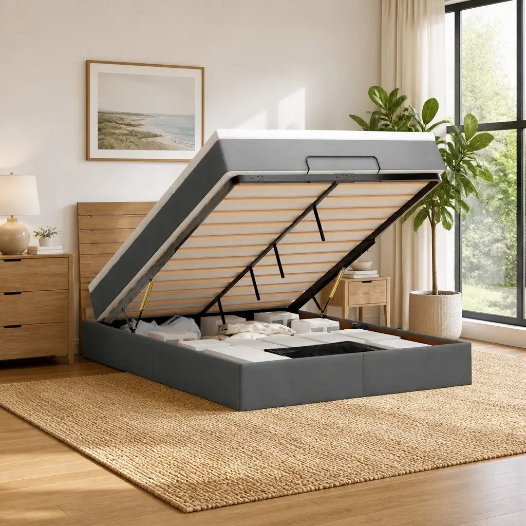 Ottoman Bed Queen Size Pocket Spring Mattress LED Lights Grey Fabric